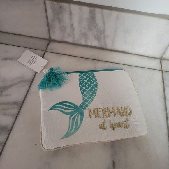 Mermaid At Heart Cream Turquoise Gold Zip Pocket Cosmetics Bag Pouch NEW - Picture 1 of 11
